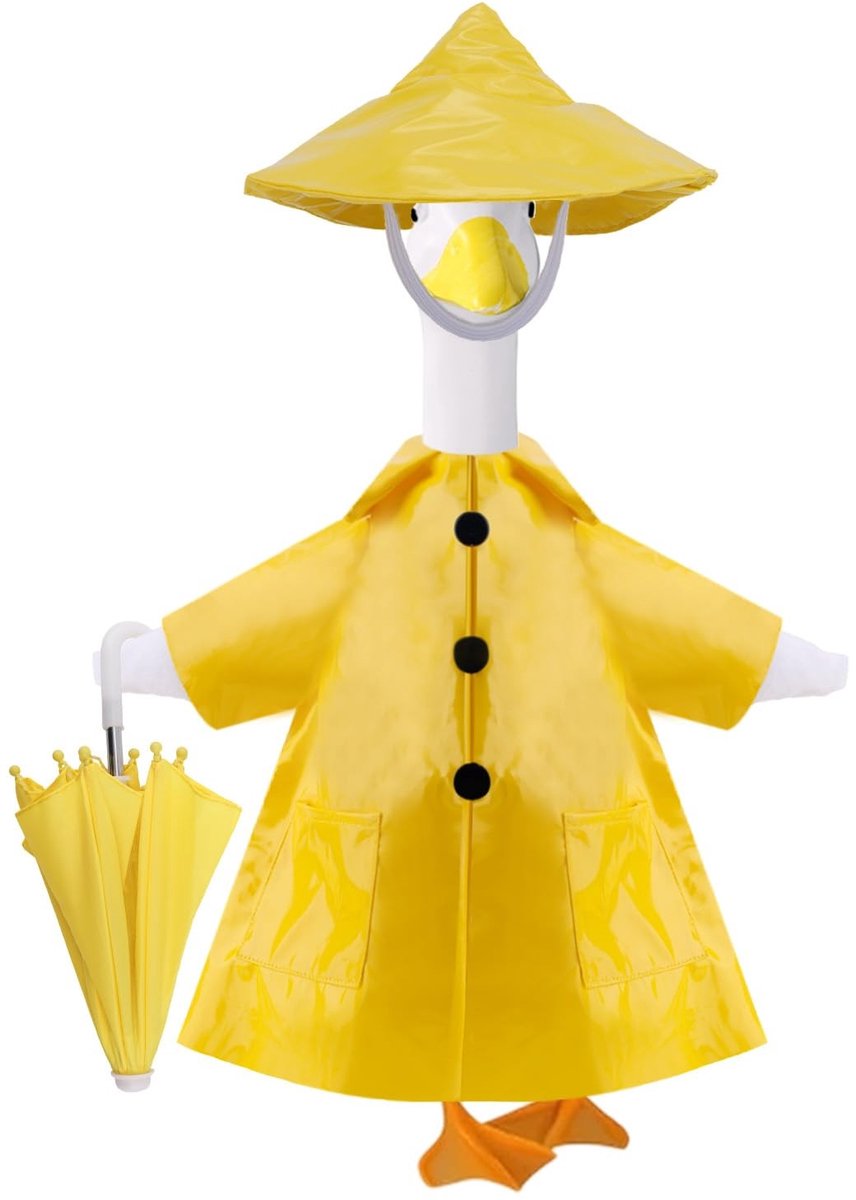 Dailygoods - Dailygoody - Veranda Gans Outfit Set - Gele Regenjas met Hoed en Paraplu - 58,42 cm - Perfect voor Tuin Decoratie - Geschikt voor Buitenbeelden -