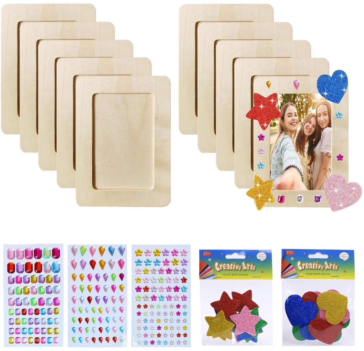 Dailygoods - Dailygoody - Houten fotolijsten - Knutselen met strass-stickers - Creatieve DIY set - 10 stuks - Geschikt voor kinderen - Houten fotolijst