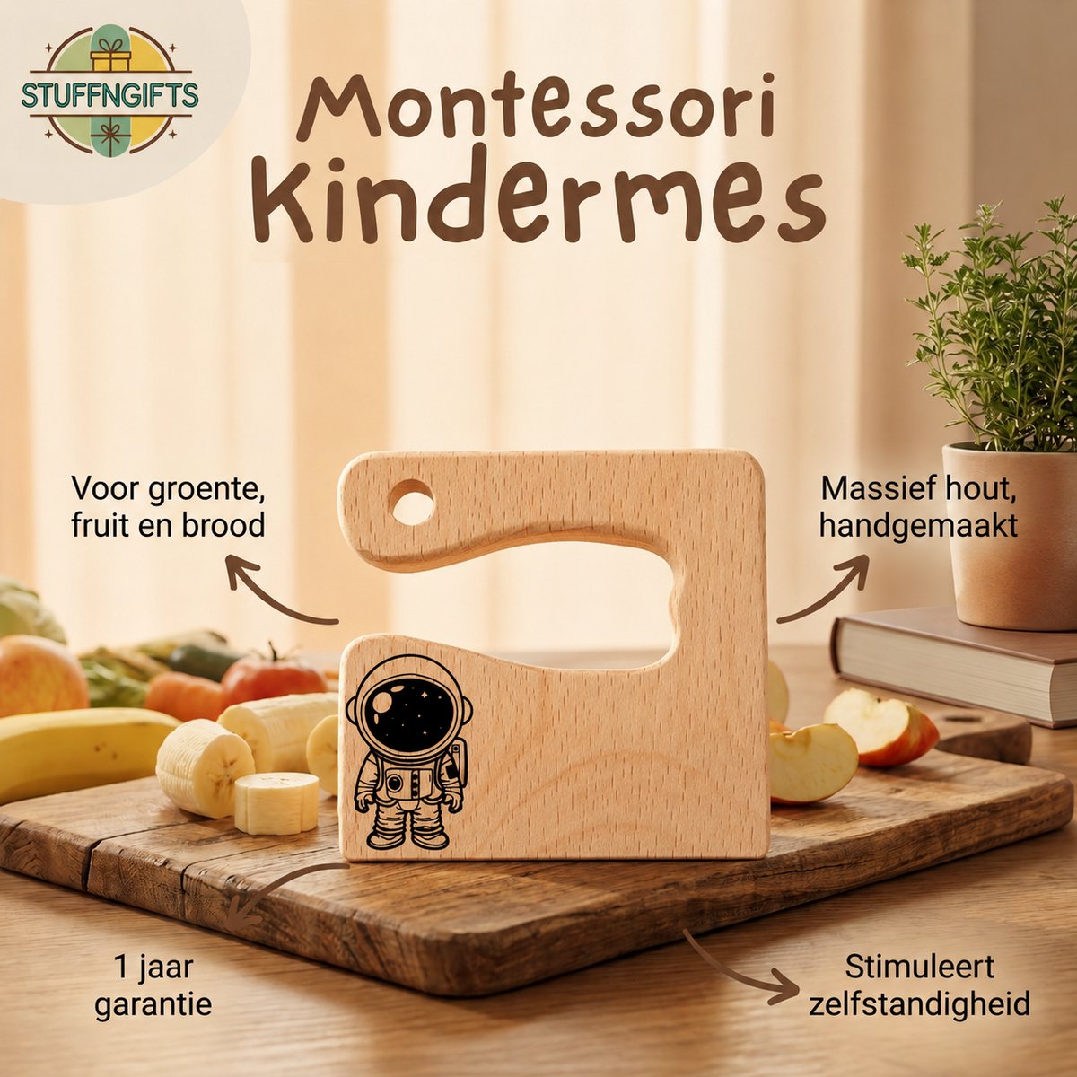 Montessori Houten Kindermes - Astronaut - Kinder Koksmes - Peuter kok - Verjaarsdag cadeau klein - Houten Kinderbestek - Leren Snijden en Koken voor Kinderen - Montessori Speelgoed - Sint cadeau - Schoen cadeau