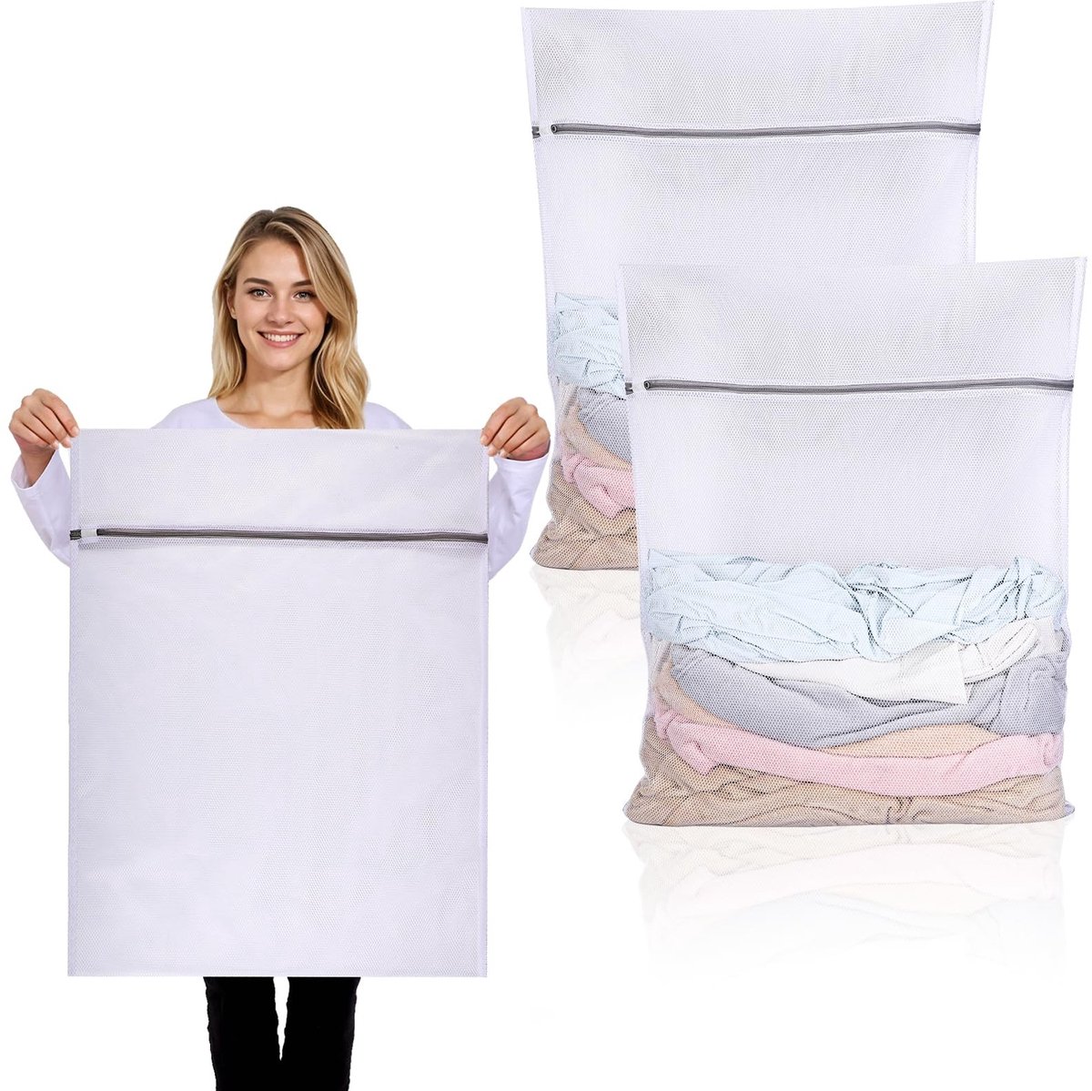 Dailygoody - Wasnet groot - Herbruikbaar waszak - 60 x 80 cm - Wit - Geschikt voor overhemden en jassen - 2 stuks