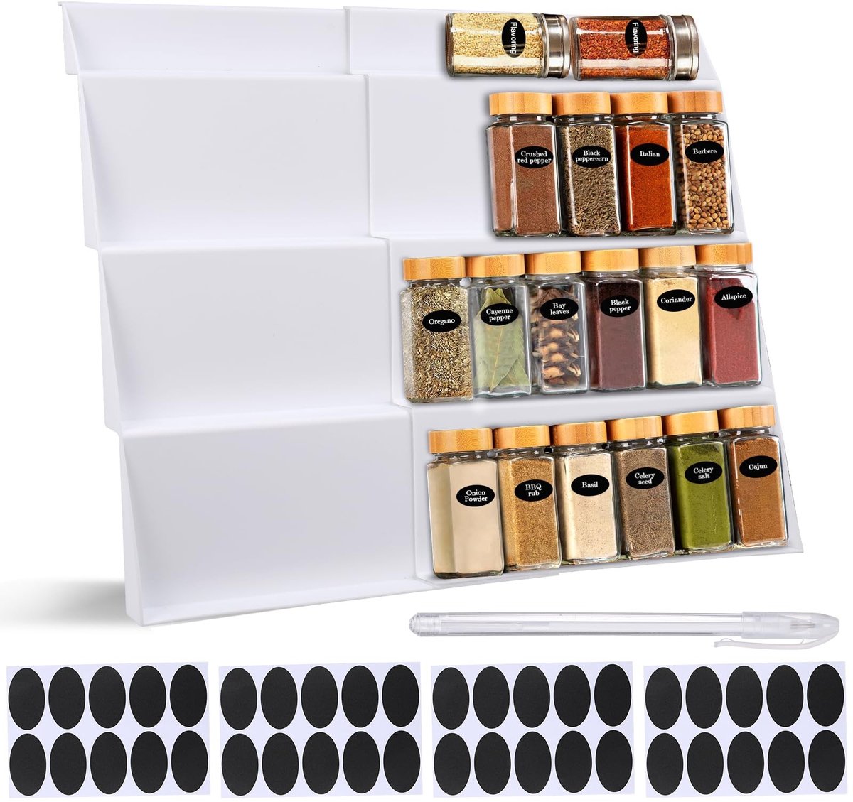 Dailygoody - kruidenlade organizer - uitbreidbaar kruidenrek - ruimtebesparend - wit - 4-laags kruidenrek - ideaal voor keuken - met etiketten