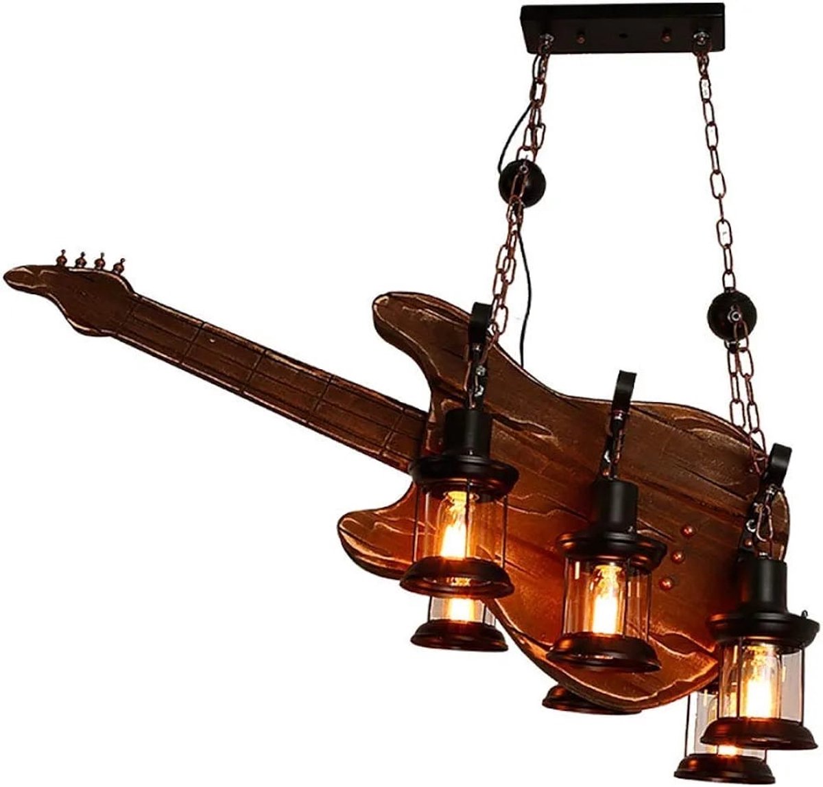 Industriële Hanglamp Gitaar - 6 Lichtpunten - Vintage Houten Muziek Decoratie - Rustieke Kroonluchter - Exclusief Lichtbronnen