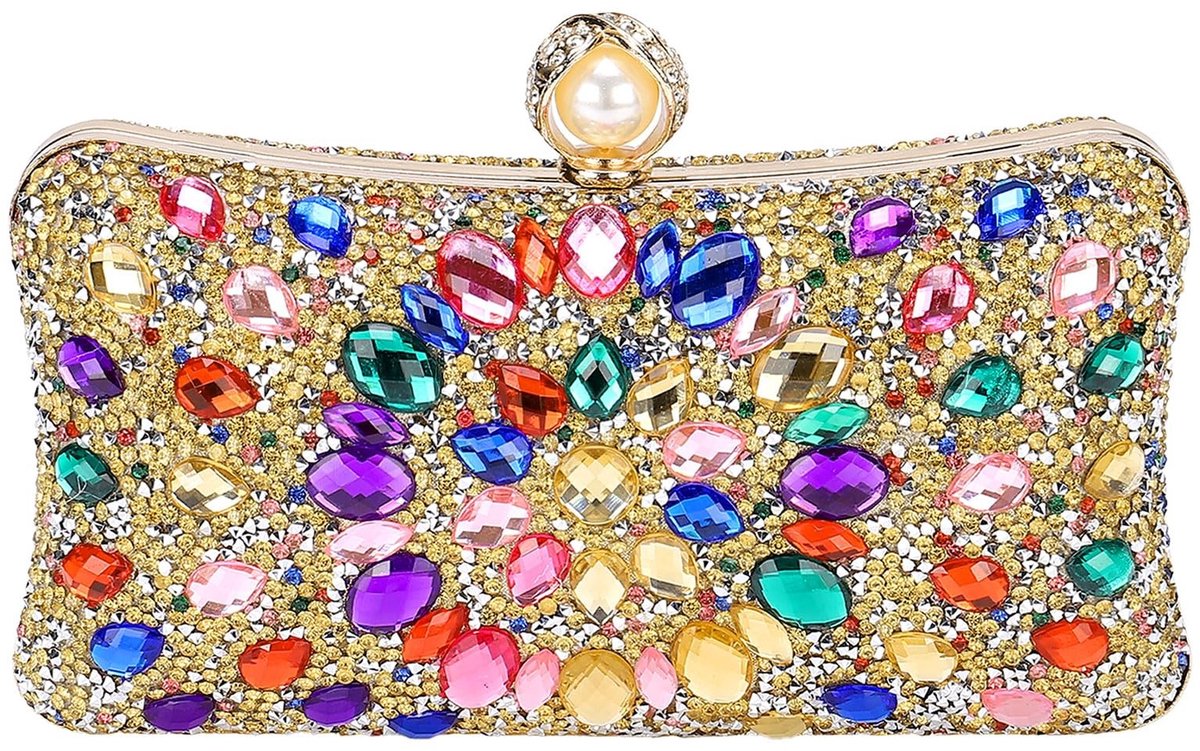 Dailygoods - Cosensi - Dailygoody - Avondtas - Clutch met Kettingschouderriem - Goud Multicolor - Sparkling Rhinestone - Ideaal voor Bruiloft en Feest - Elegant Design
