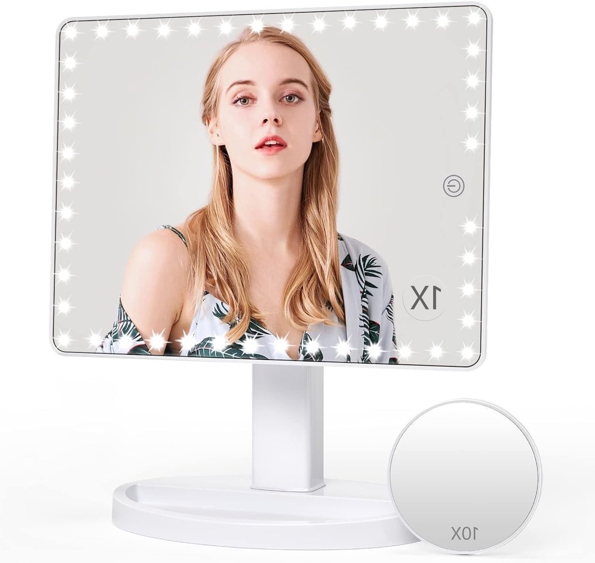 Oplaadbare Grote Make-up Spiegel met 45 LED Touchscreen Verlichting en 10-voudige Vergroting, 360° Rotatie en Draadloze Voeding