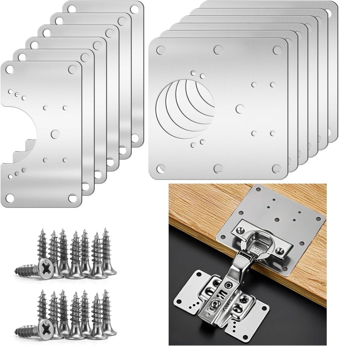 Hinge Repair Plates voor Ramen, Deuren en Meubels - 12 Stuks met Vierkante en U-vormige Schroeven, Ideaal voor Onderhoud en Herstel van Scharnieren