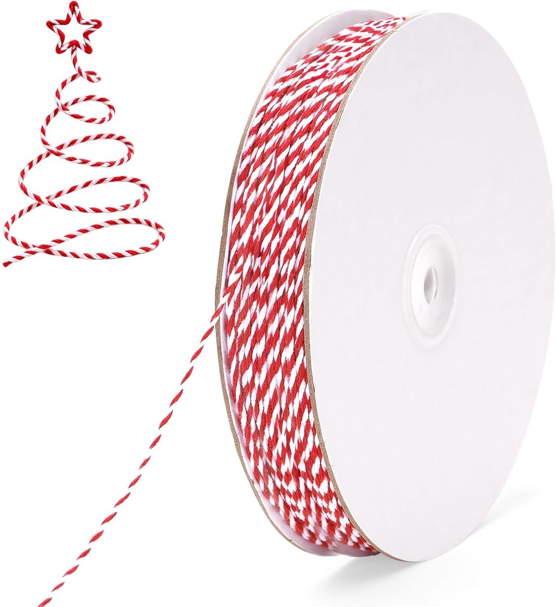 100m Katoenen Touw 2mm in Wit en Rood voor Kerstdecoratie, Ambachten en Verpakkingen