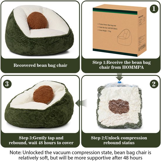Visuele gids voor het ontvangen, uitpakken en herstellen van een groene avocadovormige zitzak.