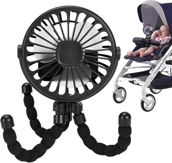 Mobiele Kinderwagenventilator 3 Snelheden USB Oplaadbaar Draagbaar 360° Verstelbaar Zwart