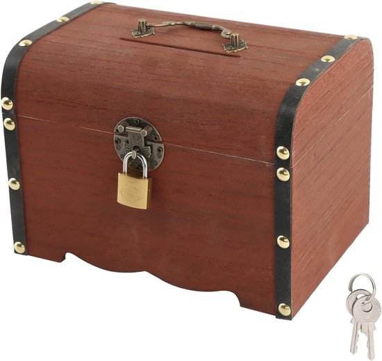 Tirelire en bois en forme de coffre avec poignée, cadenas et clés.