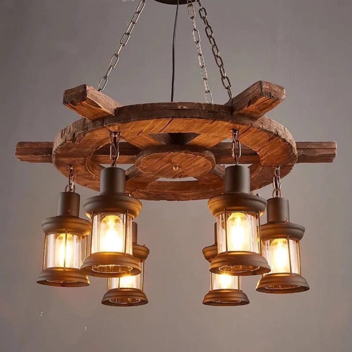 Industriële Hanglamp Hout Scheepsstuur - 6 Lichtpunten - Vintage Maritiem Design - Rustieke Kroonluchter - Zonder Lampen