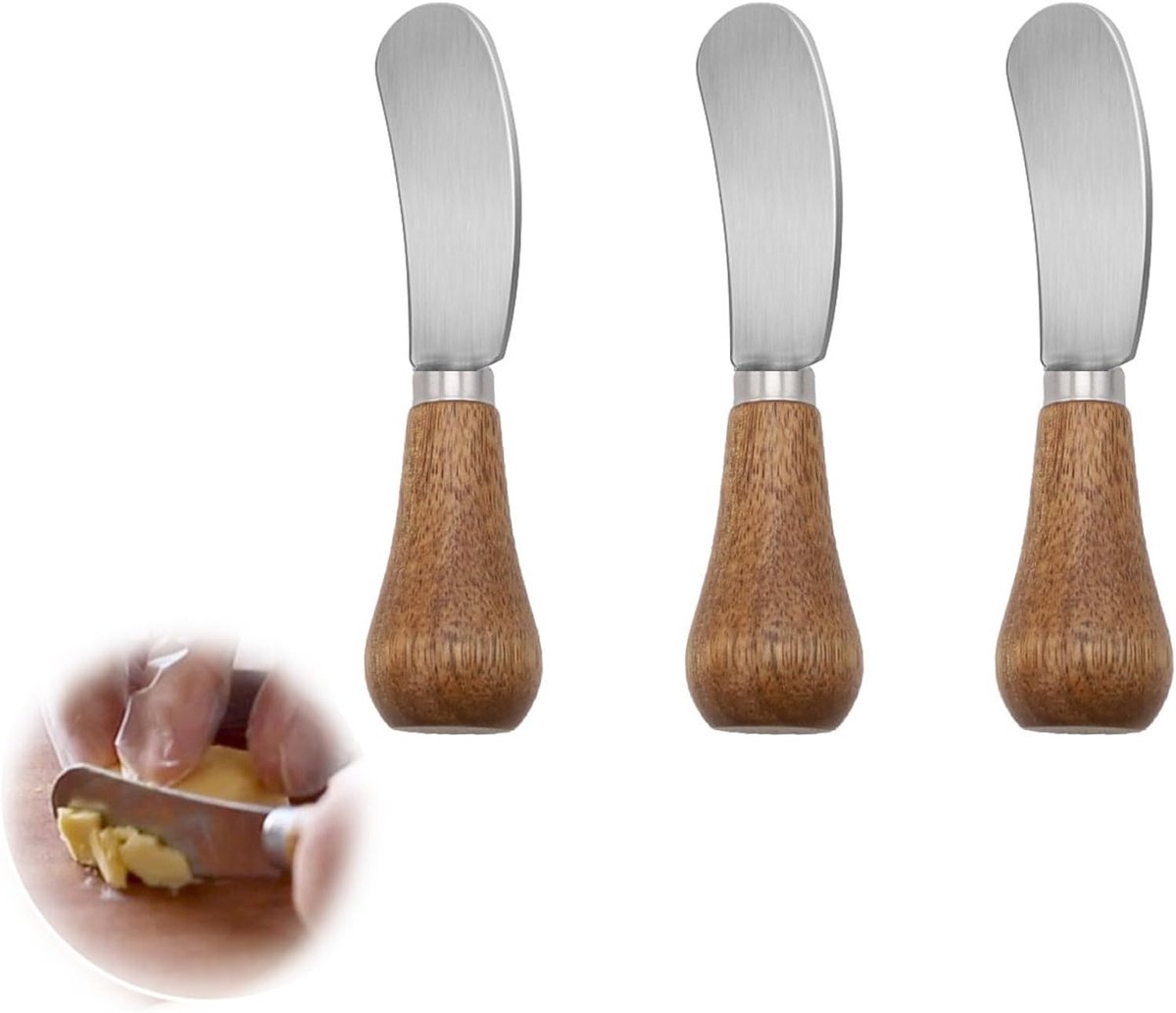 Set van 3 RVS Botermessen met Houten Handvat, Ideaal voor Kaas, Jam en Ontbijtgebruik