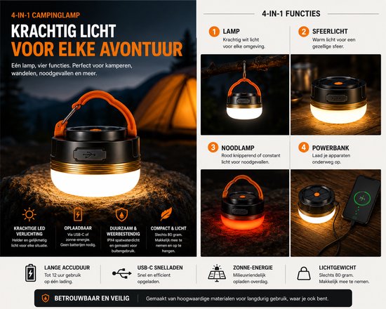 Campinglamp LED oplaadbaar USB-C- Tentlamp - Solar Powerbank - kampeerlamp Buitenlamp — afbeelding 5