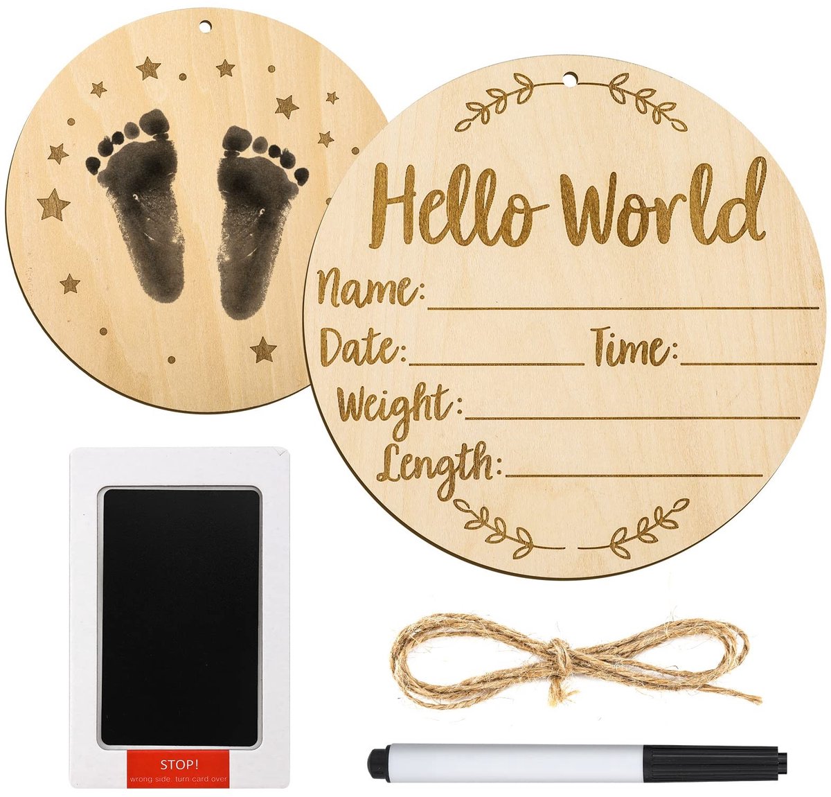 Dailygoods - Dailygoody - Baby Aankondiging Teken - Babykamer Naam Bord - Houten Hello World - 15 cm Rond - Hand en Voetafdrukken - Perfect voor Pasgeborenen - Inc