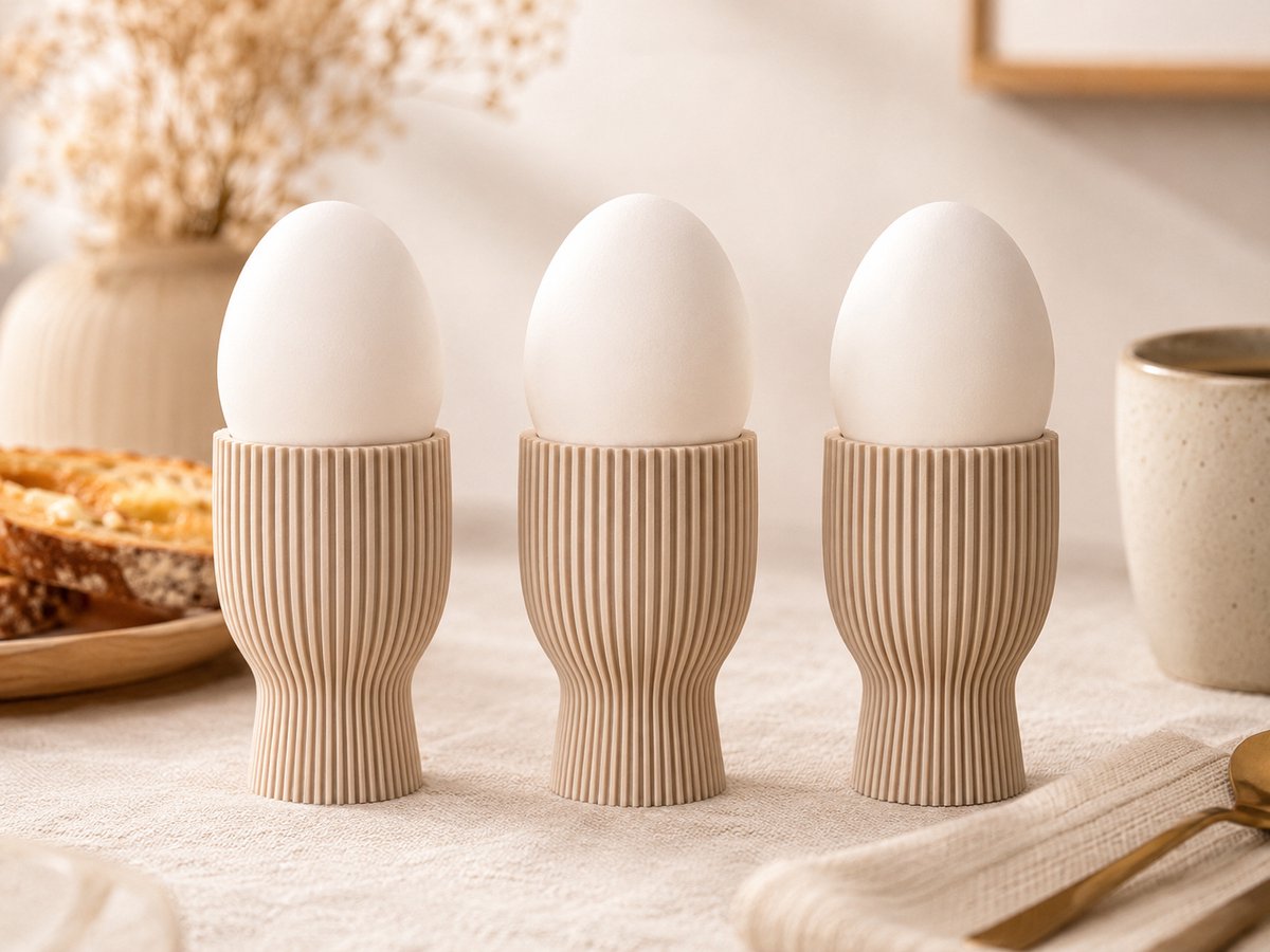 Skushy Eierhouder Cup - Eierdopje met Ribbel Design - Staande Eierbeker - Moderne Ontbijt Decoratie - 3 Stuks - Latte