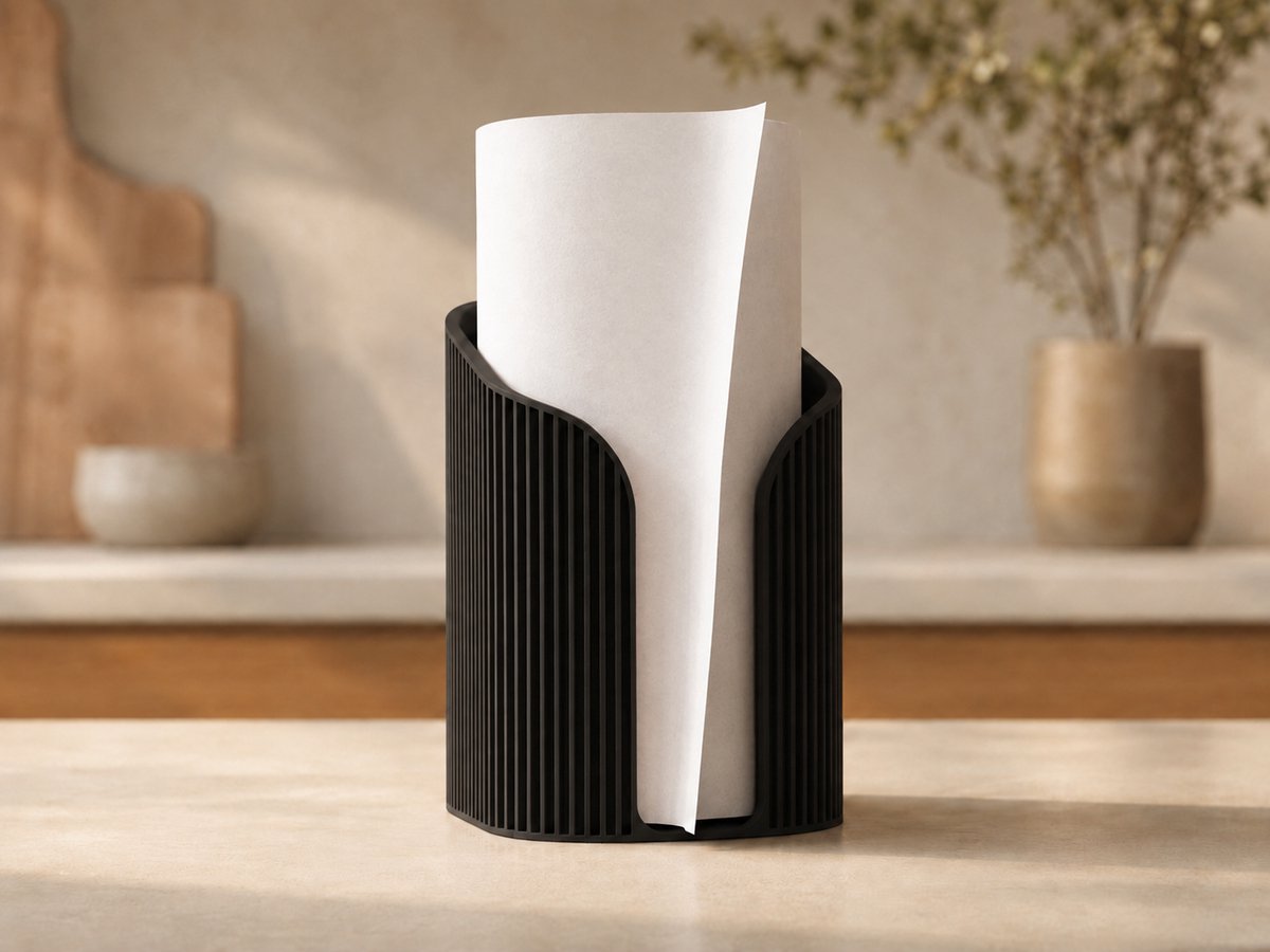 Skushy Keukenrolhouder Japandi - Staande Papierrolhouder - Moderne Keukenrol Stand - Ribbel Design Keuken Decoratie - Zwart