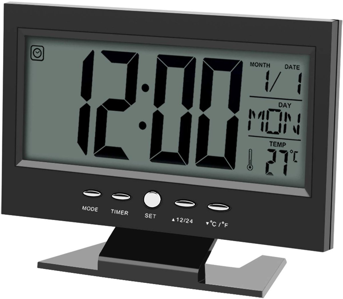 Dailygoods - Dailygoody - LCD digitale geluidssensor wekker - Multifunctionele klok - Zwart - Temperatuurweergave - Alarmfunctie - Geschikt voor thuiskantoor