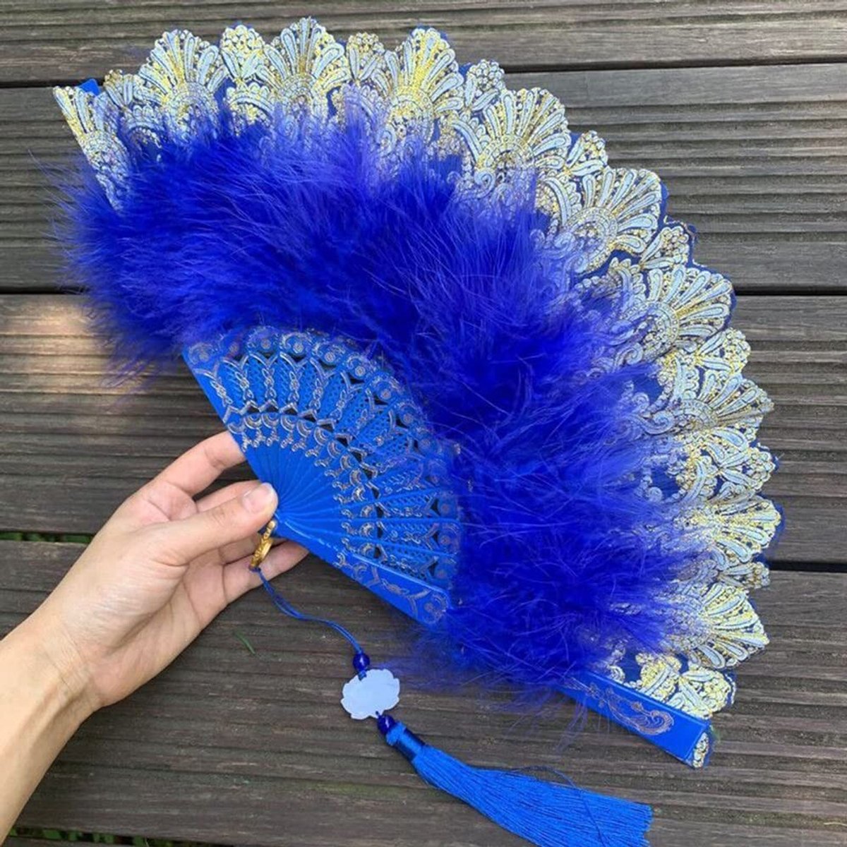 Dailygoods - Dailygoody - Veer handwaaier - Vintage handventilator - Perfect voor bruiloften - Koningsblauw - Damesaccessoire - Ideaal voor feesten en dansen