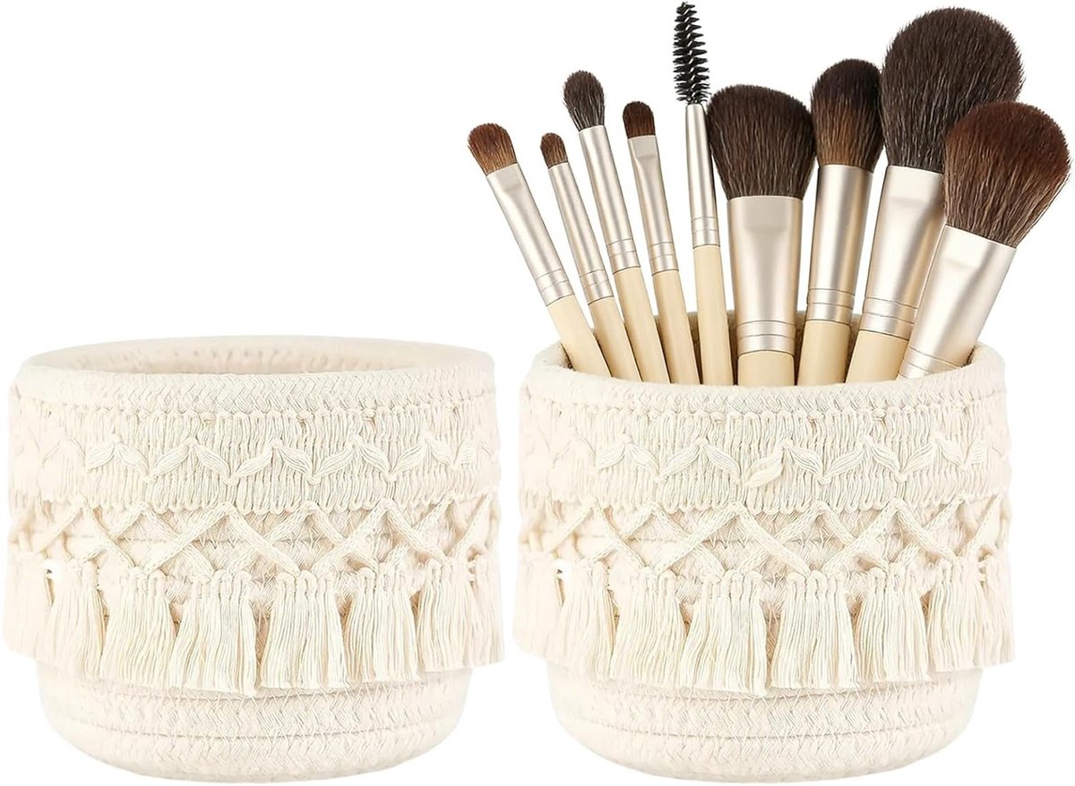 Handgemaakte make-upkwasten en gevlochten opbergdoos van katoenen touw, ronde borstelhouder in boho-stijl voor cosmetica, lippenstiften en make-uptafel, 10 x 10 cm, ideaal voor badkamer en organisatie