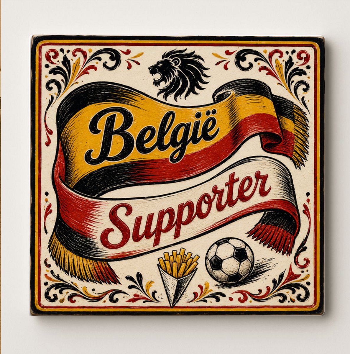 België Supporter Decoratieve Keramische Tegel – Belgische Voetbal Fan Wandtegel – Rood Zwart Geel Sjaal Design Cadeau