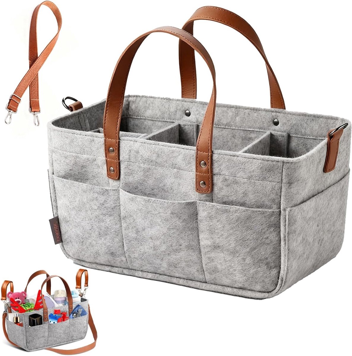 Boodschappentas van vilt met vakken, multifunctionele organizer voor luiers, picknick en outdoor activiteiten, 16L (grijs)