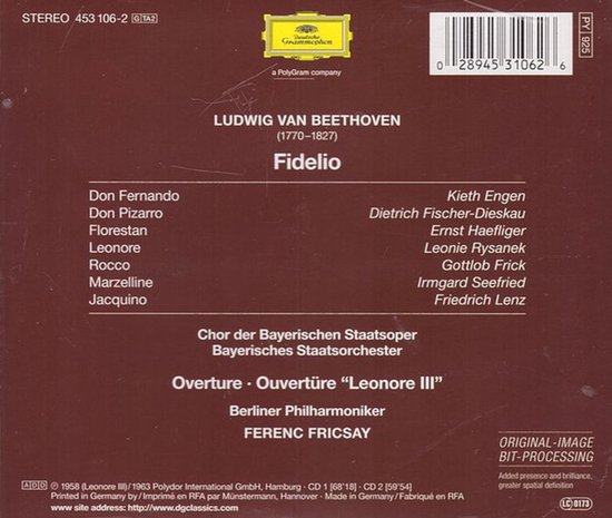 Achterkant CD hoes Beethoven Fidelio. Met: LUDWIG VAN BEETHOVEN, Fidelio, Don Fernando, Don Pizarro, Leonore, Rocco, Marzalline, Jacquino, Kieth Engen, Dietrich Fischer-Dieskau, Ernst Haefliger, Leonie Rysanek, Gottlob Frick, Irmgard Seefried, Friedrich Lenz, Chor der Bayerischen Staatsoper, Bayerisches Staatsorchester, Berliner Philharmoniker, FERENC FRICSAY.