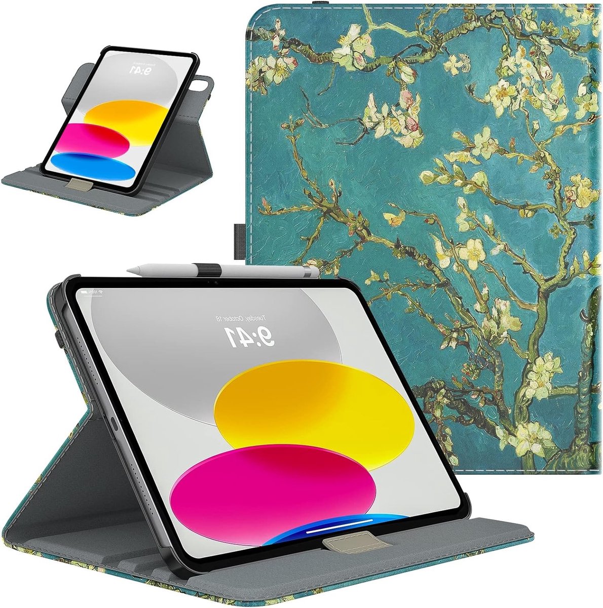 Roterende hoes voor iPad 10e generatie 2022, 90 graden draaibare Smart Stand Cover, beschermende lederen hoes met stylus lus en schokbestendige functie - abrikozenbloesem