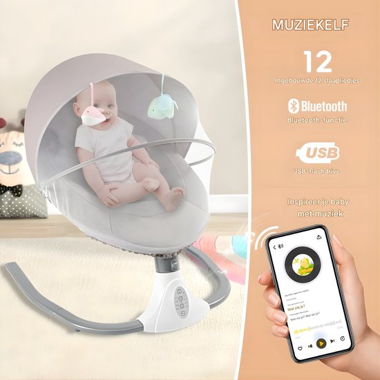 Elektrische Babyschommel - Baby Rocker met Afstandsbediening en USB - Opvouwbare Draagbare Wiegstoel voor 0–12 Maanden - Lichtgrijs — afbeelding 5