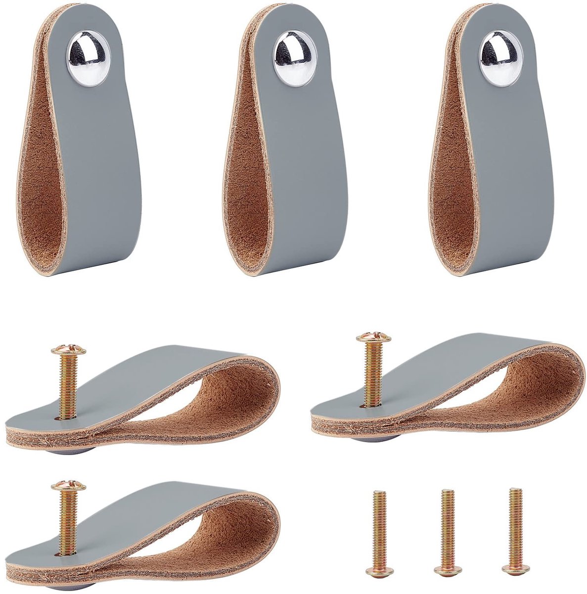 Dailygoody - Lederen Ladetrekker - Scandinavische Deurgreep - Meubelhardware - Grijs - Kastlade Trekker - 6 Stuks - Handig voor Meubels