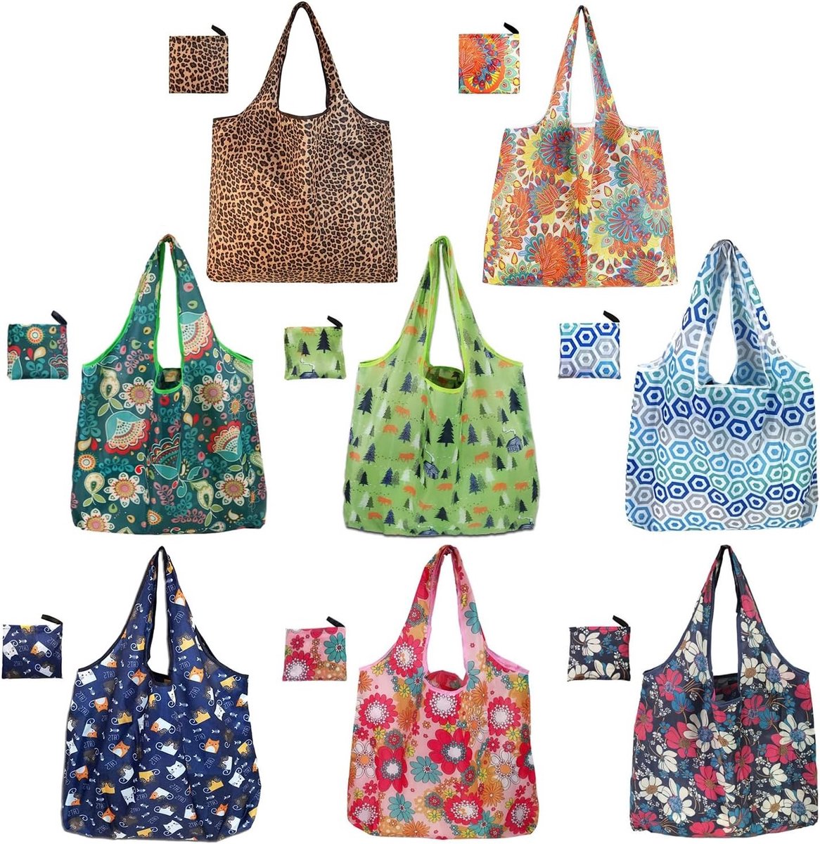 Vouwbare Herbruikbare Boodschaptassen, Set van 8, Stijlvolle Tassen met Handvatten voor Winkelen, Opbergen en Reizen, Perfect voor Strand en Dagelijkse Gebruik