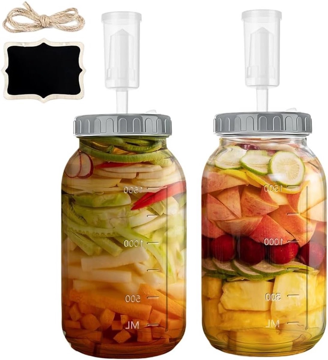 Kimchi Fermentatie Glazen 1.9 L Set van 2 met Luchtdicht Sluitdeksel voor Kimchi, Zuurkool en Kefir Fermentatie