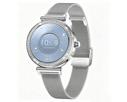 Knobbout Luxe Dames Smartwatch 1.27” met Kristallen – Bluetooth Bellen – HD Touchscreen – Hartslag, Bloeddruk & SpO₂ Monitoring – Vrouwelijke Gezondheidsfuncties – AI spraakassistent– IP68 Waterdicht – Zilver stalen band