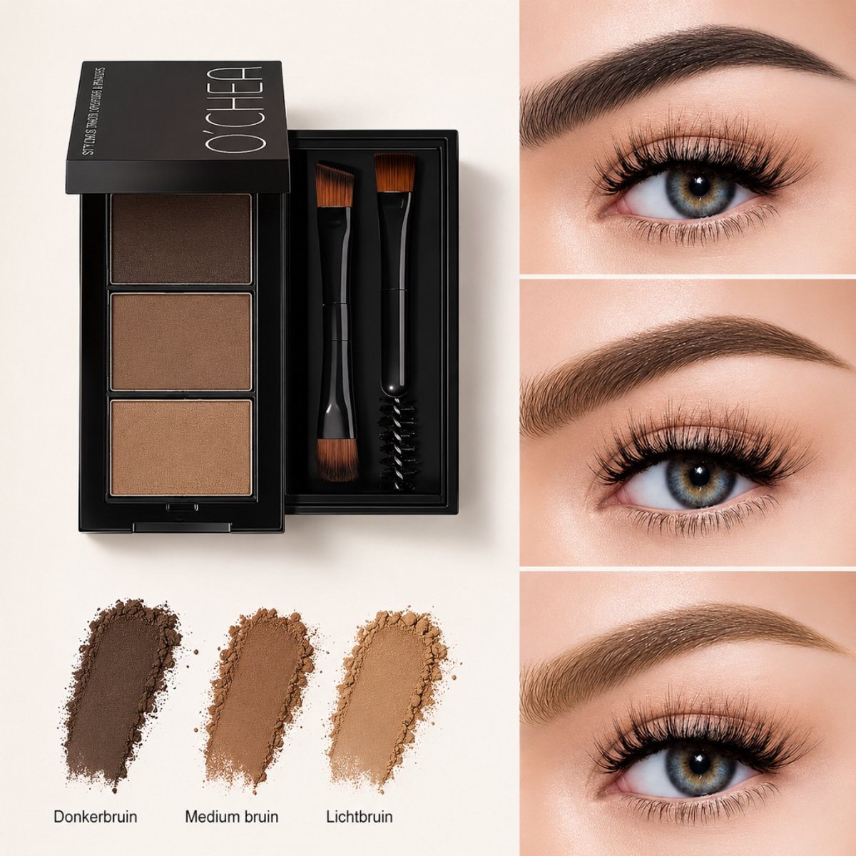 Wenkbrauw Poeder Waterproof – Donkerbruin, Lichtbruin & Medium Bruin – Eyebrow Powder met Spiegel en Penseel – Voor Natuurlijke & Volle Wenkbrauwen