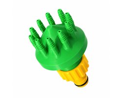 10-Wegs Verdeler met Drukvermindering Geschikt voor Gardena Micro-Drip – Automatisch Bewateringssysteem – Druppelirrigatie Verdeler voor 10 Planten – Inclusief Afsluitkapjes en Drukregelaar – Groen