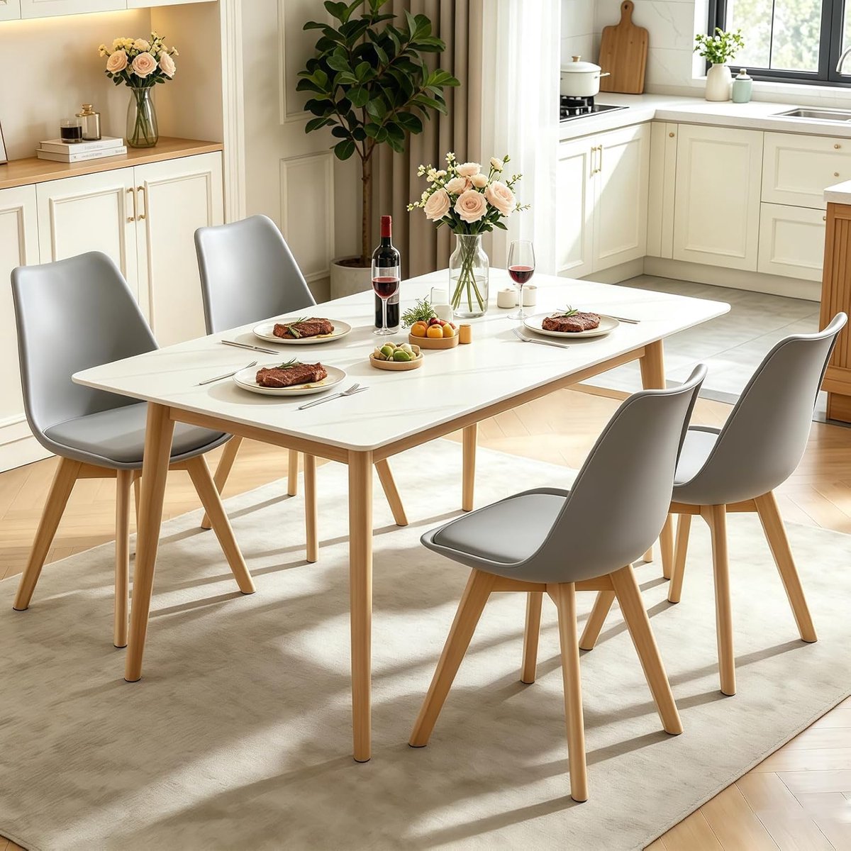Veloura Nordic Luxe Eetkamerstoelen Set van 4 – Moderne Gestoffeerde Keukenstoelen met Gebogen Rugleuning, PU Lederen Zitting en Beukenhouten Poten 41 x 48 x 86 cm Grijs