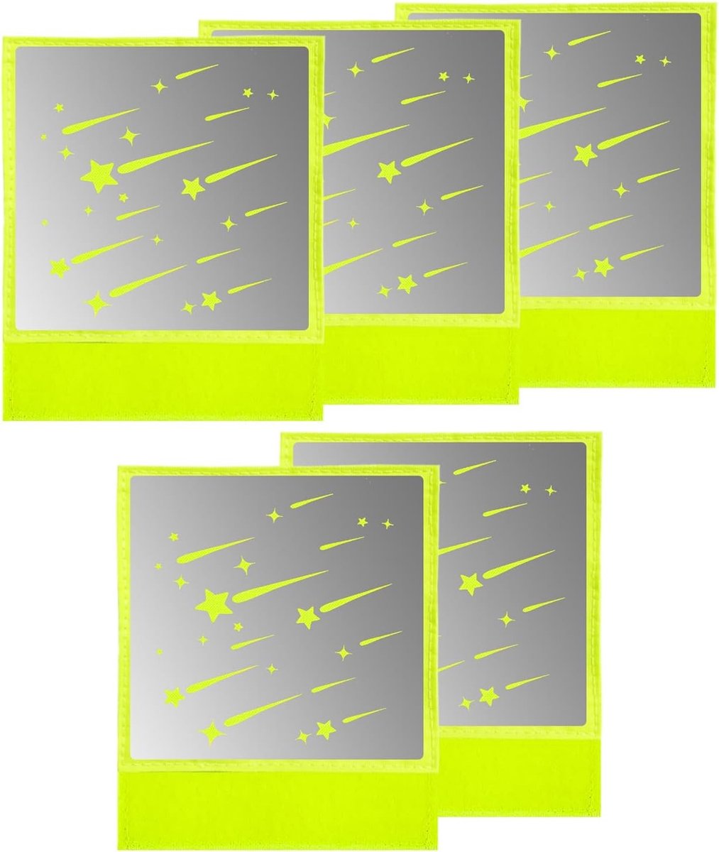 Set van 5 Veiligheidsreflectoren voor Fietsen en Kinderwagens met Neon Geel Sterontwerp, Reflecterende Patches voor Verhoogde Zichtbaarheid en Veiligheid