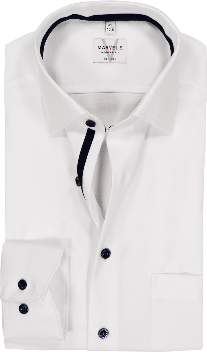 MARVELIS modern fit overhemd - twill - wit - Strijkvrij - Boordmaat: 41