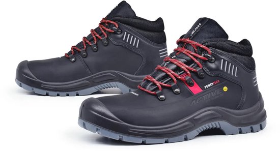 Zwarte leren werkschoenen met rode accenten, grijze zolen en rode veters.