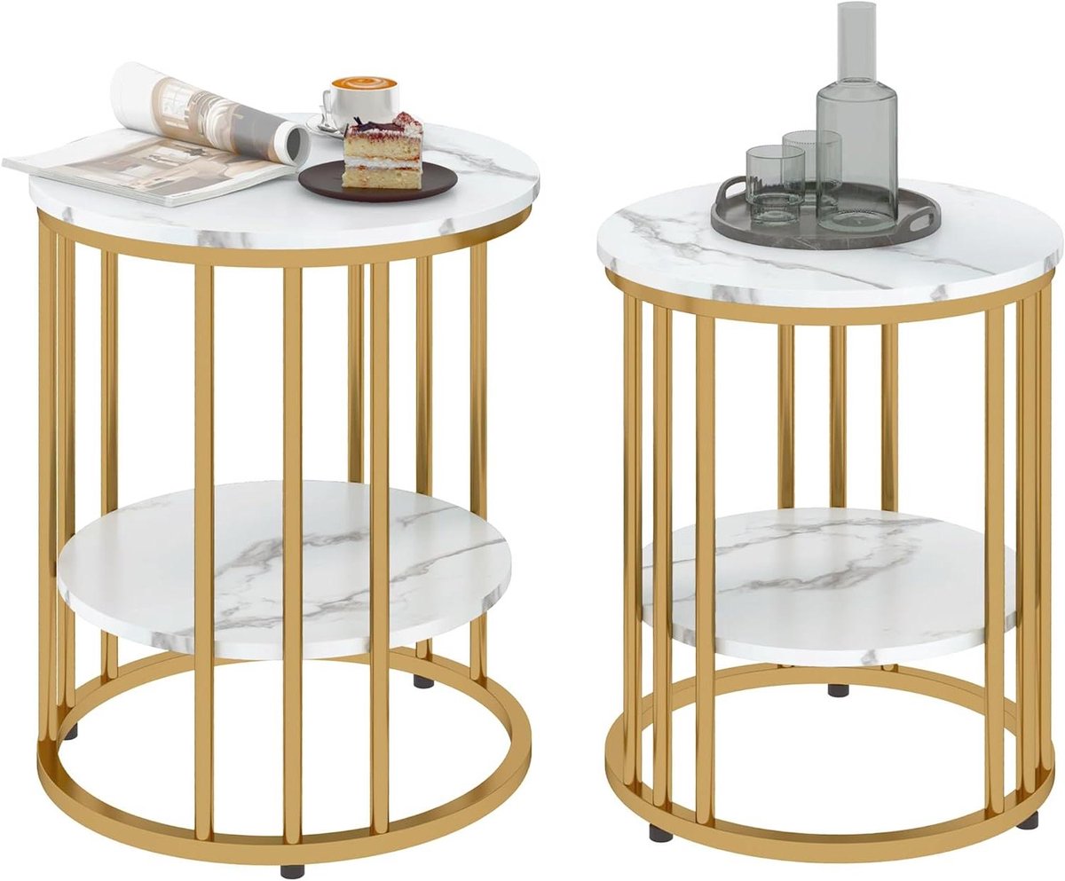 Ronde bijzettafels - Salontafel set - Woonkamer inrichten - Marmerlook met goud - 45x45x55 cm - Wit