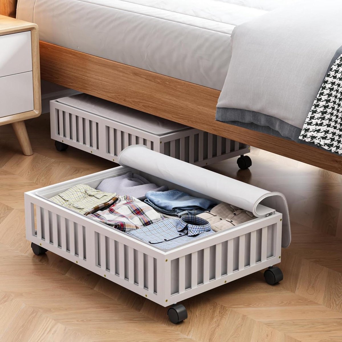 Bamboe Opbergbakken - Onderbed Lades - Ruimte Optimaliseren - Met Wielen - 2 Stuks 48L - Wit