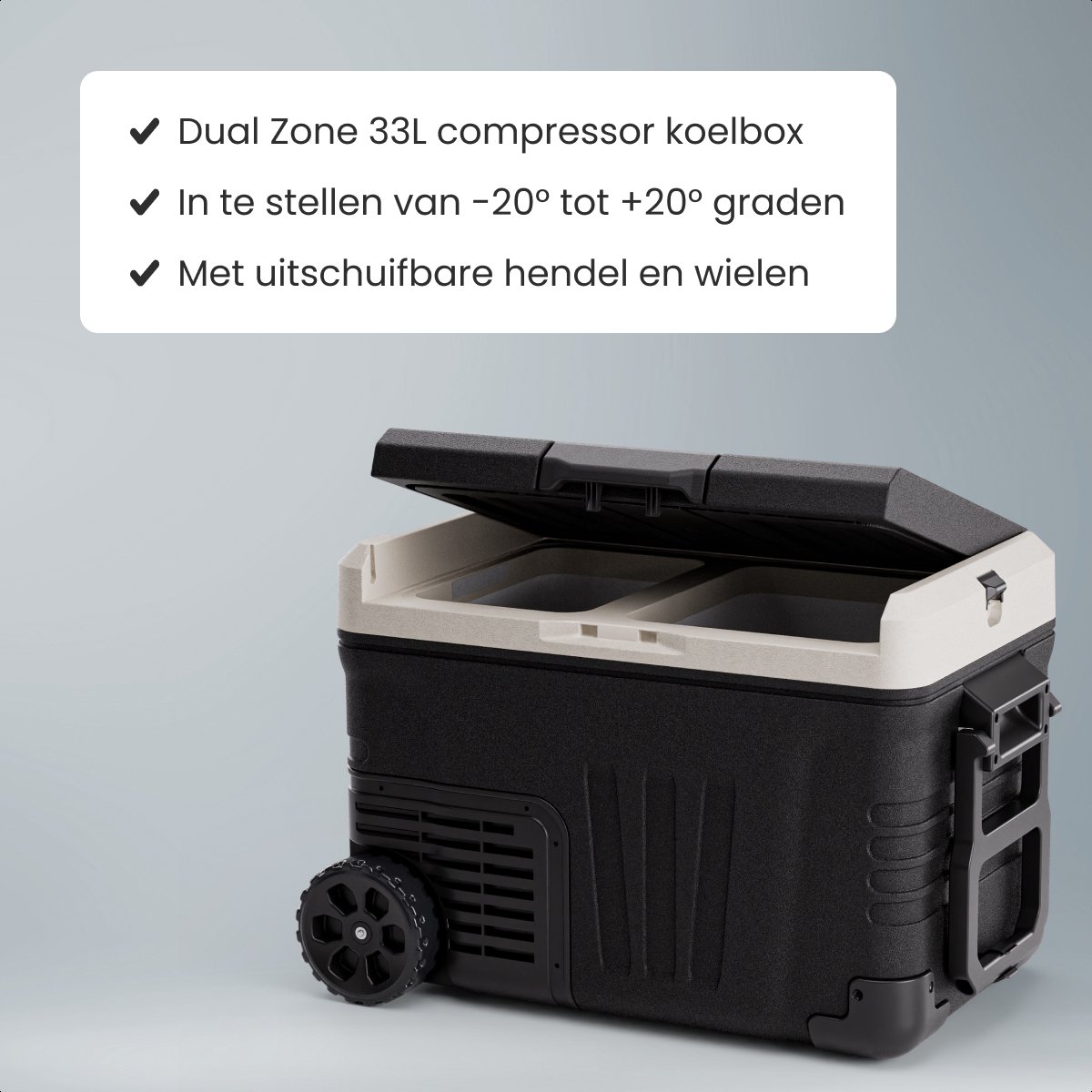 Auronic Elektrische Koelbox - Compressor - 2 Zones - 33L - 12/24V en 240V - Koelen en Vriezen - Camping Koelkast - Frigobox Auto - Met Wielen en Hendel - Zwart — afbeelding 3