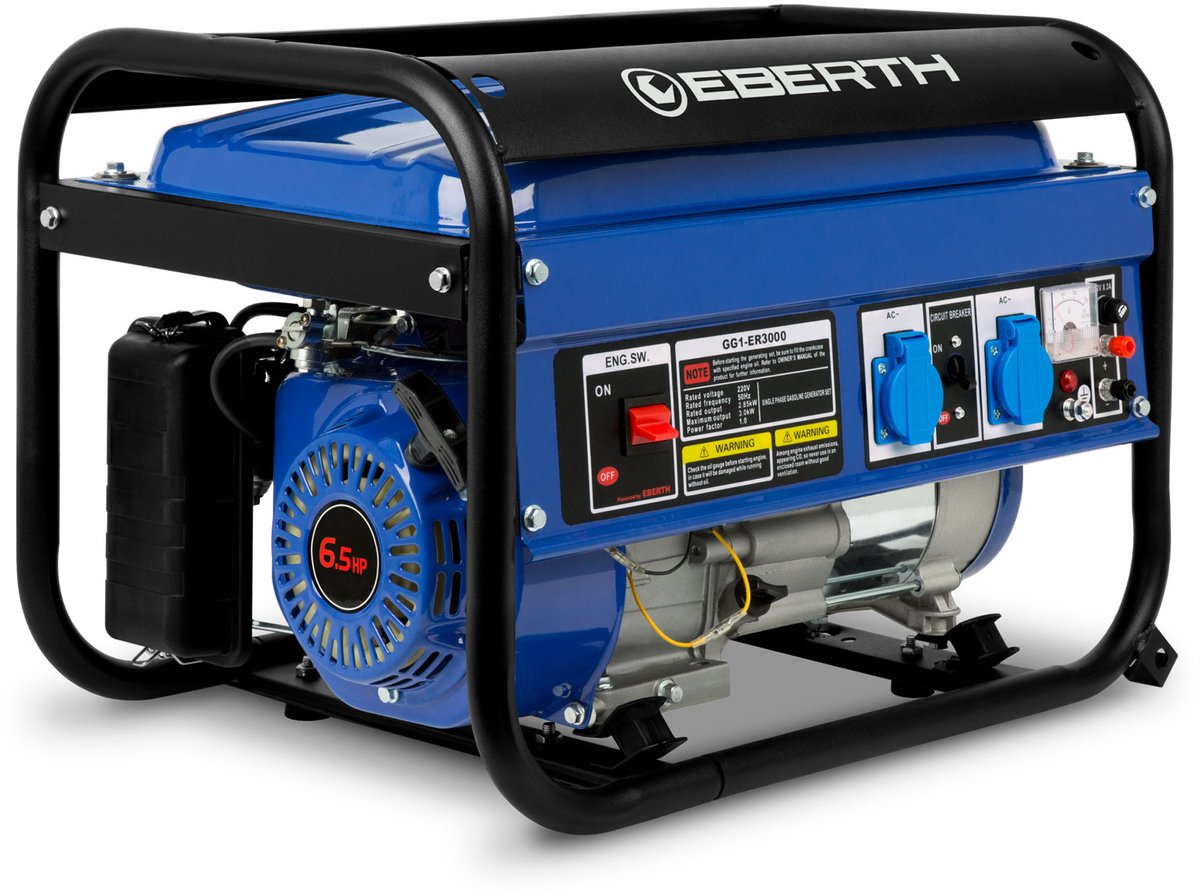 EBERTH 3000 Watt Noodstroomgenerator met 6,5 pk benzinemotor, 4-takt, luchtgekoeld, 2x 230V, 1x 12V, trekstarter, automatische spanningsregelaar (AVR), laagoliebeveiliging, voltmeter