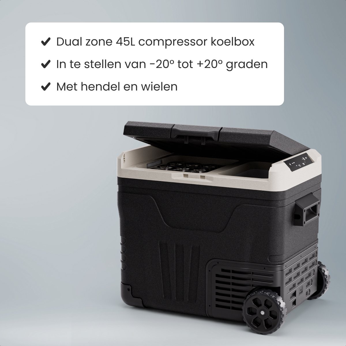 Auronic Elektrische Koelbox - Compressor - 2 Zones - 45L - 12/24V en 240V - Koelen en Vriezen - Camping Koelkast - Frigobox Auto - Met Wielen en Hendel - Zwart — afbeelding 3