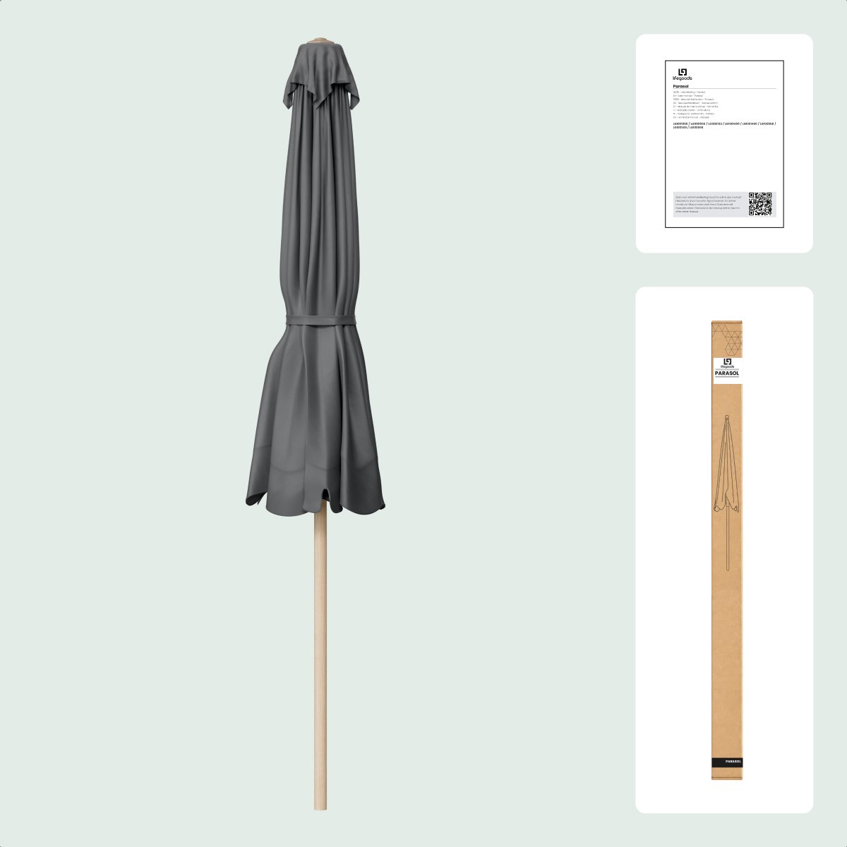 LifeGoods Parasol - Tuin - Balkonparasol - 200x125cm - 30° Kantelbaar - Waterdicht - UPF50+ - Houtkleurige coating - Donkergrijs thumbnail 8