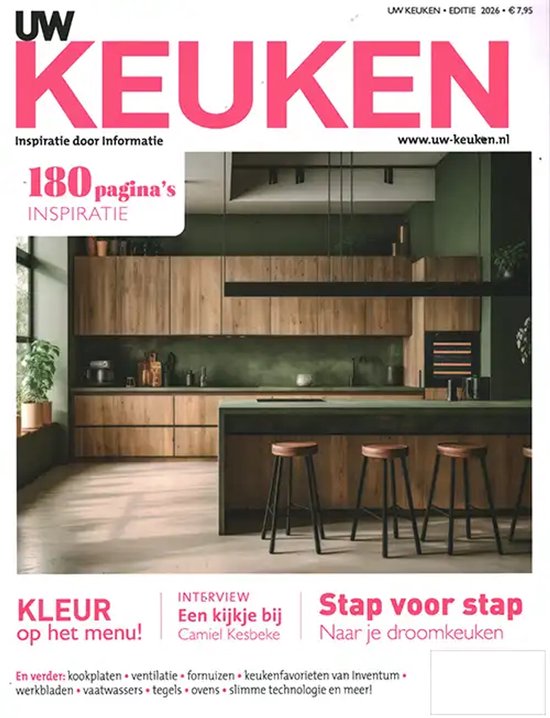Voorpagina "Uw Keuken" met keukeninspiratie, 180 pagina's, interview en tips voor droomkeukens.