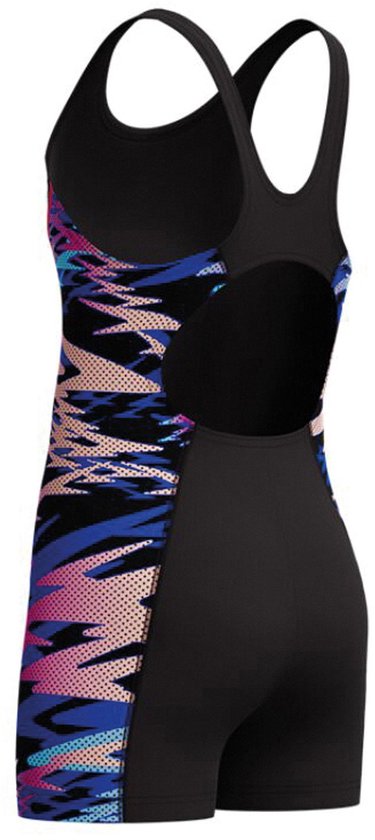 Zwart dames zwempak met op de zijkanten een camouflageprint in blauw, roze en beige.