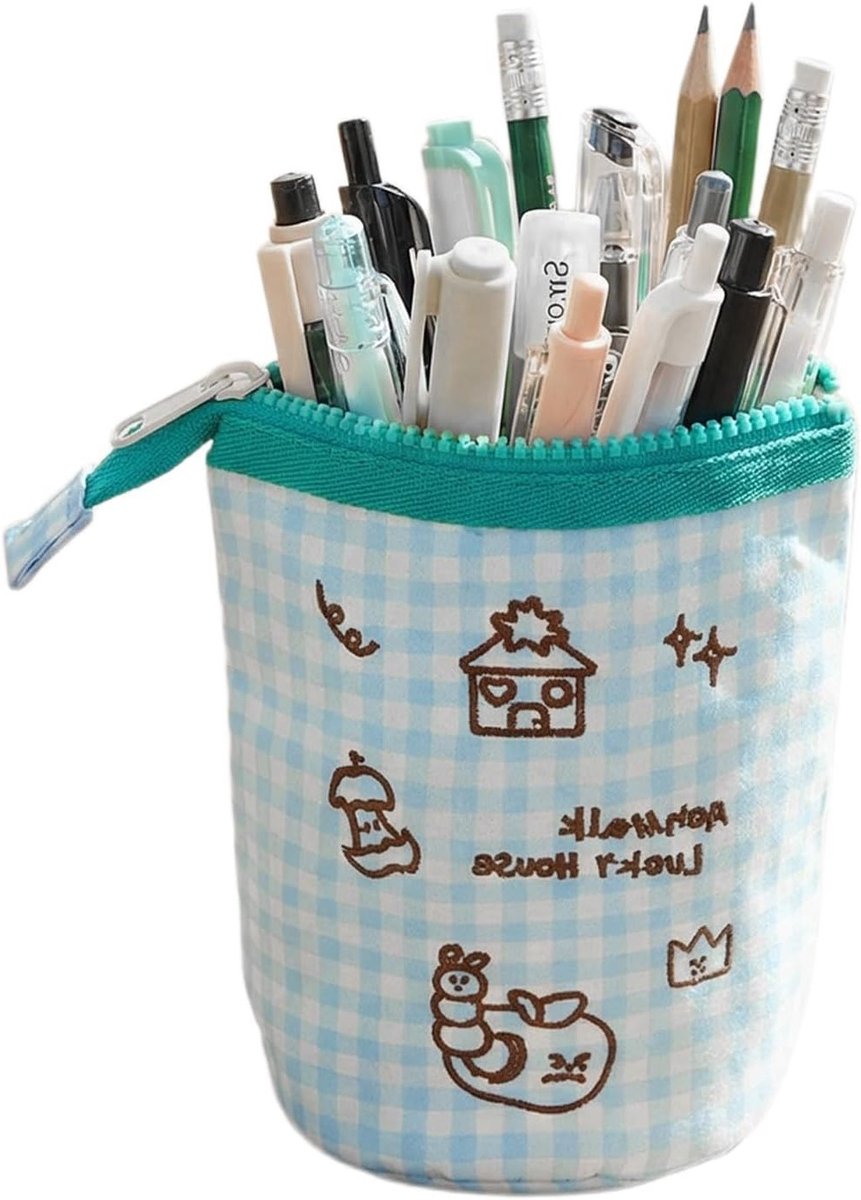 Schattig geborduurd etui met rits, verticale flipcase, grote capaciteit, blauw, perfect voor meisjes, tieners en liefhebbers van kantoorartikelen, schoolbenodigdheden en accessoires