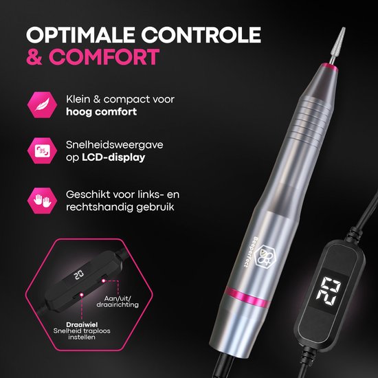 Beeperfect® Elektrische Nagelvijl - Nagelfrees - Nagelvijl - Manicure en Pedicure set - 12 Bitjes en 60 Schuurrolletjes - 3 Extra Accessoires - 20.000RPM