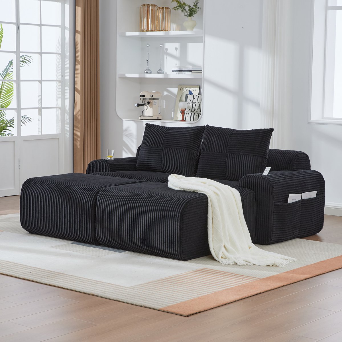 MODFU - Modulaire 2-Zitsbank - Flexibele Opstelling Met Bekerhouder En Opbergvak - Modern - Ribstof - Zwart - 200 x 174 x 80 cm