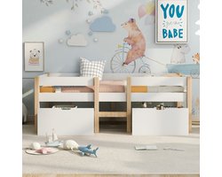 VVBV Kinderbed met Lade en Uitvalbeveiliging - Massief Grenenhout - 90x200 cm - Wit & Eiken