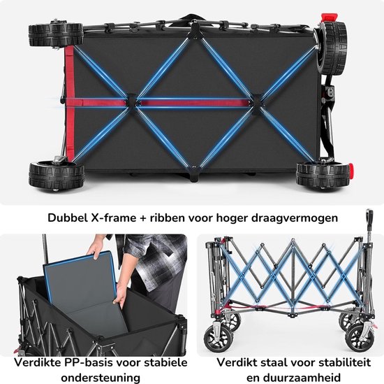 Bolderkar - opvouwbare bolderkar - strandwagen - bolderkar camping - bolderkar 160 liter - bolderkar 120 kg - bolderkar met parkeerrem - 4-weg opvouwbaar - in hoogte verstelbare bolderkar - tuinwagen - boodschappenwagen van Merkloos — afbeelding 5